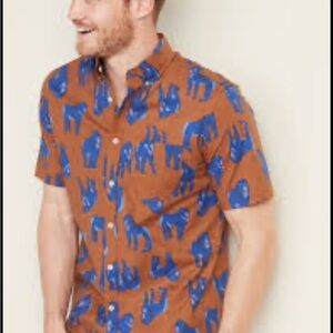 Old Navy Men's Slim-Fit Brown Button Front Shirt with Blue Baboon Monkey Pattern